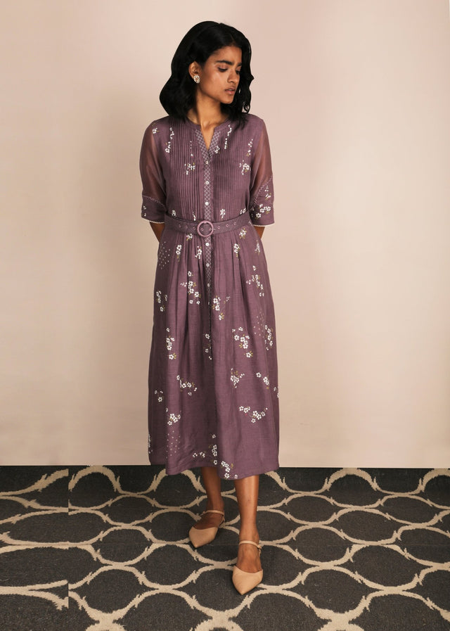 Cherry Blossom Lavender Dress With Belt - Dress - Mizyana