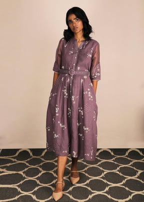 Cherry Blossom Lavender Dress With Belt - Dress - Mizyana