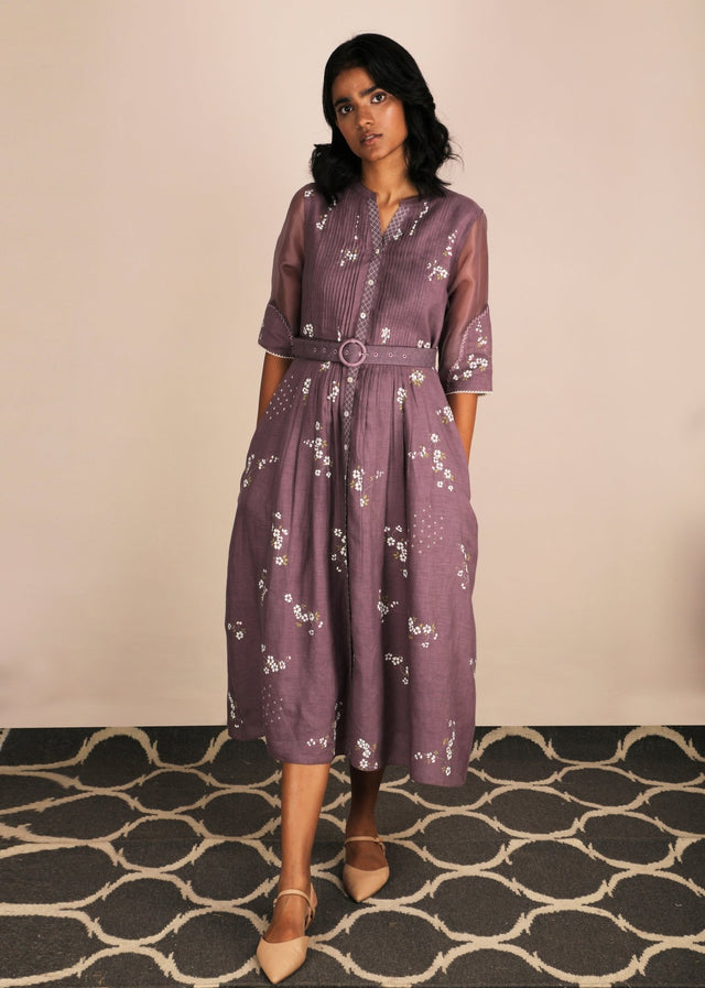Cherry Blossom Lavender Dress With Belt - Dress - Mizyana