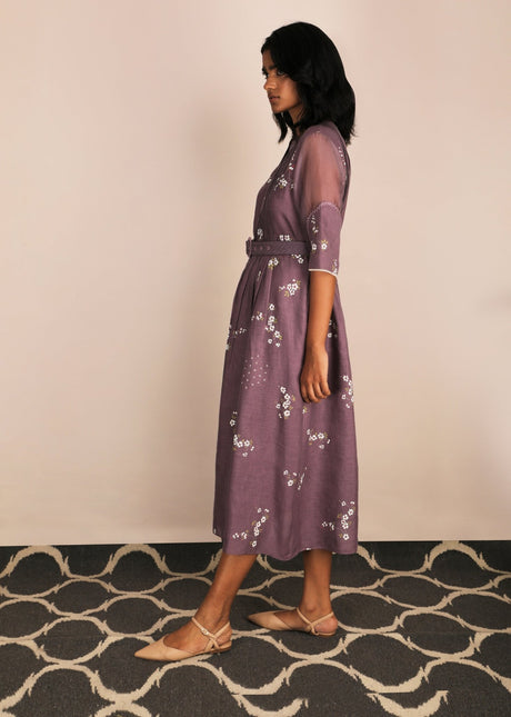 Lavender Cherry Blossom Dress with Belt, model walking side view