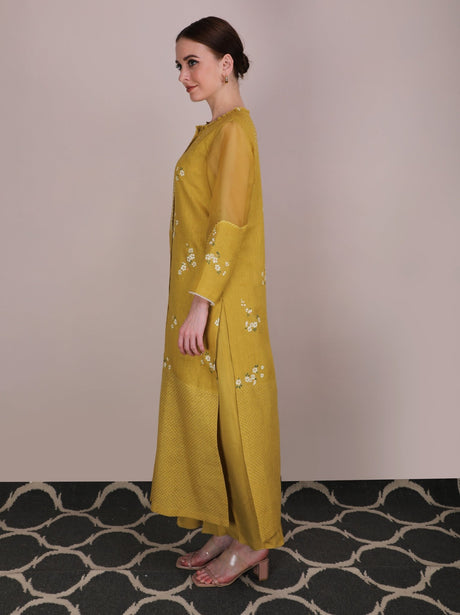 Ochre Cherry Blossom Multi Print Pants with side slit tunic, side view