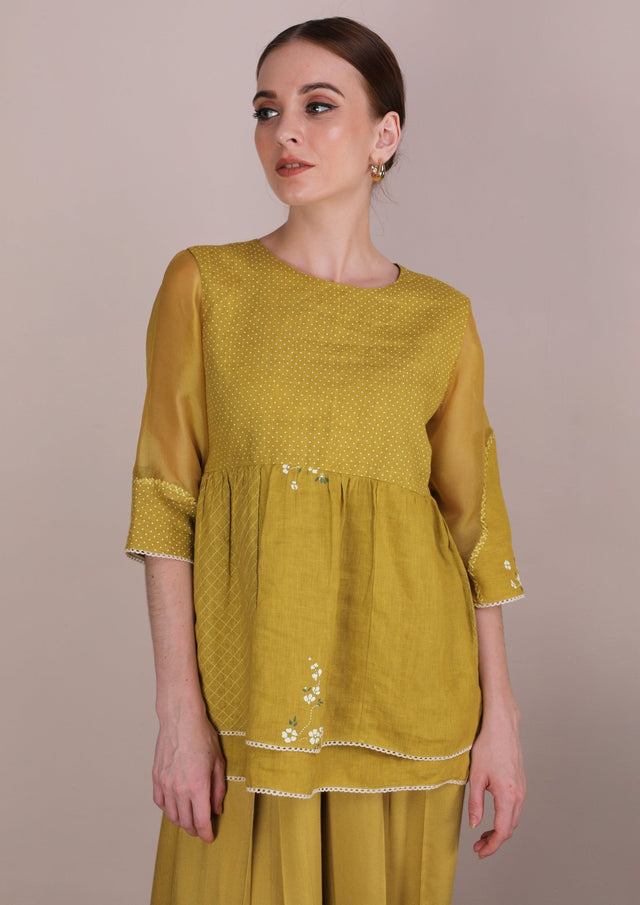 Cherry Blossom Multi Print Top With Ochre Culottes - Two-Piece Set - Mizyana