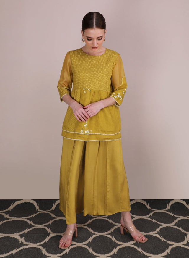 Cherry Blossom Multi Print Top With Ochre Culottes - Two-Piece Set - Mizyana
