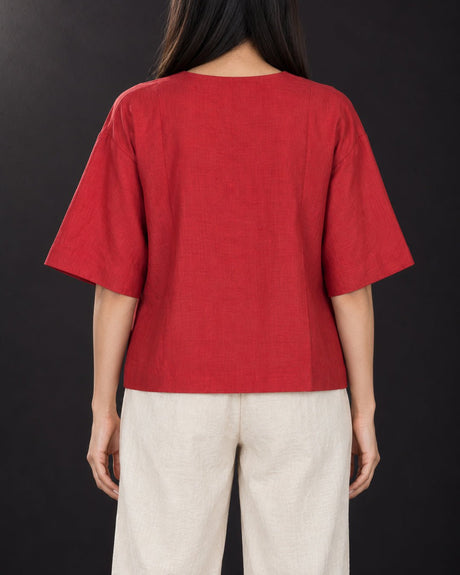 Claret Chili Red Keyhole Handwoven Mulberry Silk Blouse - Blouse - Mizyana