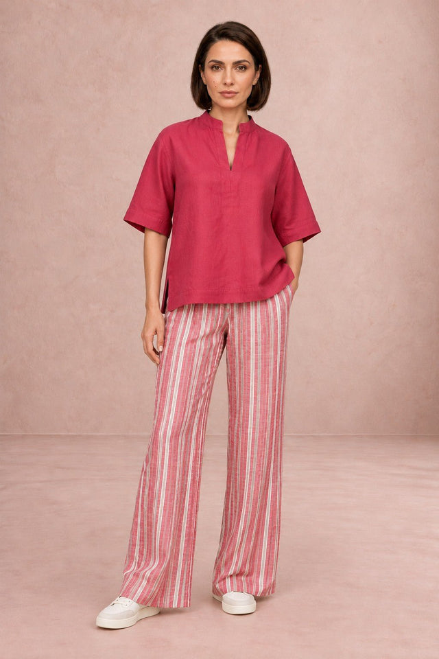 Claret Silk Boxy Blouse and Red Striped Linen Trousers Two-Piece Set - Two-Piece Set - Mizyana