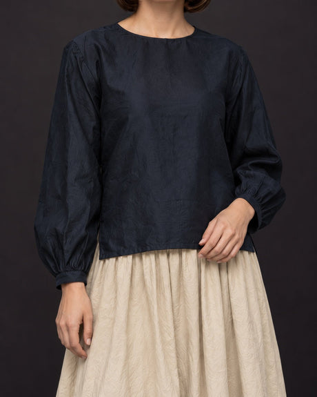 Closed Neck Mulberry Silk Blouse with Gathered Sleeves - Blouse - Mizyana