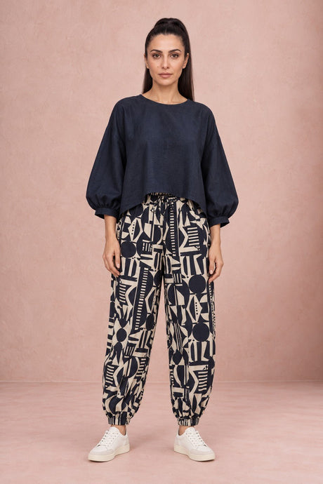 Closed Neck Silk Blouse and Balloon Geometric Trousers Two-Piece Set - Two-Piece Set - Mizyana