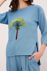 Coco Blue Embroidered Top & Pants Set (2 PCS) - Two-Piece Set - Mizyana