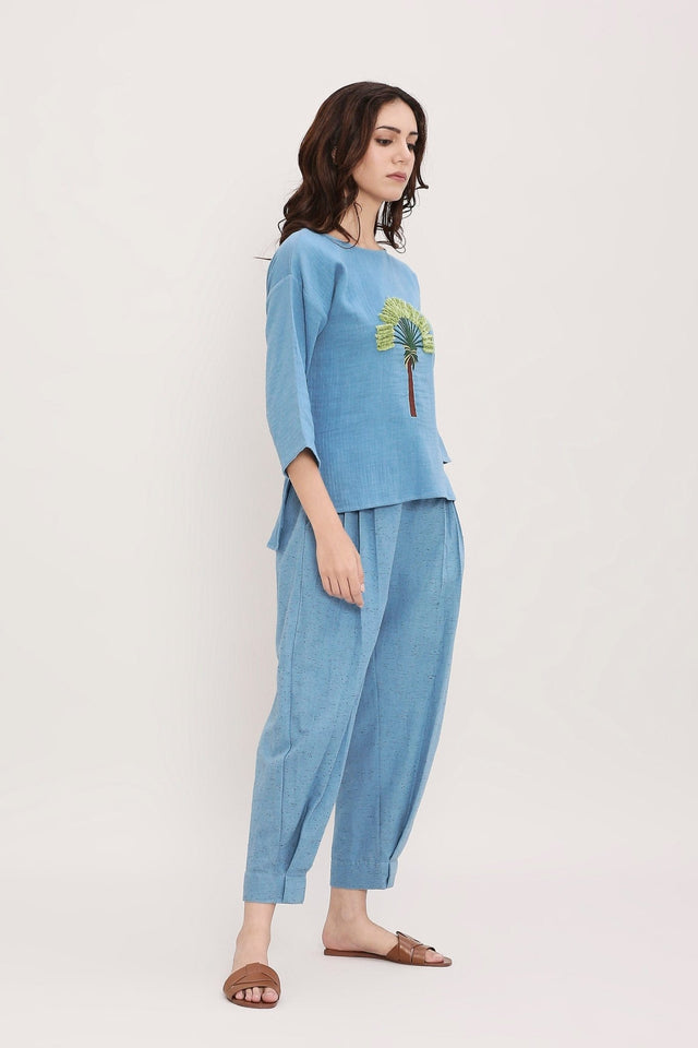 Coco Blue Embroidered Top & Pants Set (2 PCS) - Two-Piece Set - Mizyana
