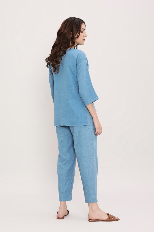 Coco Blue Embroidered Top & Pants Set (2 PCS) - Two-Piece Set - Mizyana
