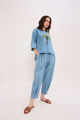 Coco Blue Embroidered Top & Pants Set (2 PCS) - Two-Piece Set - Mizyana
