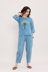 Coco Blue Embroidered Top & Pants Set (2 PCS) - Two-Piece Set - Mizyana