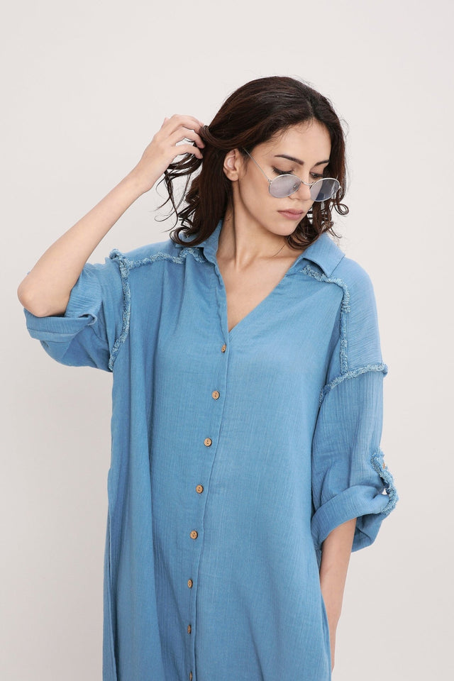 Coco Blue Fringed Long Shirt - Shirt - Mizyana