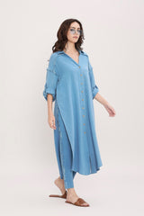 Coco Blue Fringed Shirt Co-Ord Set (2 PCS) - Two-Piece Set - Mizyana