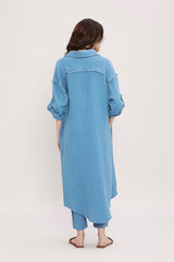 Coco Blue Fringed Shirt Co-Ord Set (2 PCS) - Two-Piece Set - Mizyana
