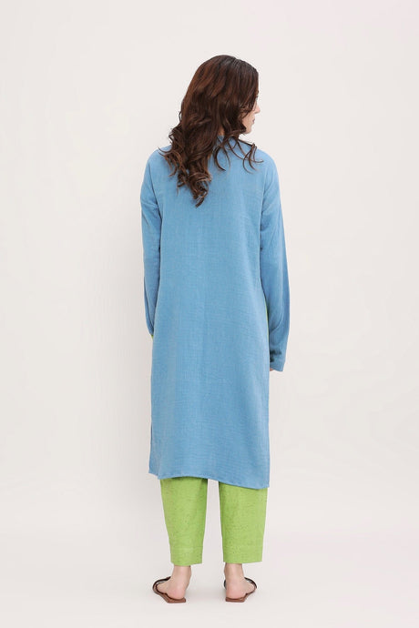 Back view of the Coco blue long tunic and lime green pants set