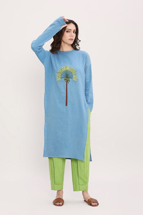 Coco Blue & Green Embroidered Set from MATI, sky blue palm embroidered tunic with lime green pants, front view