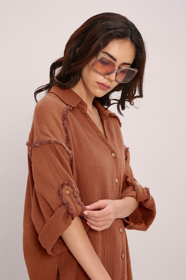 Coco Brown Fringed Shirt Co-Ord Set (2 PCS) - Two-Piece Set - Mizyana