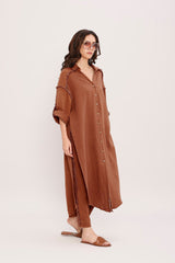 Coco Brown Fringed Shirt Co-Ord Set (2 PCS) - Two-Piece Set - Mizyana