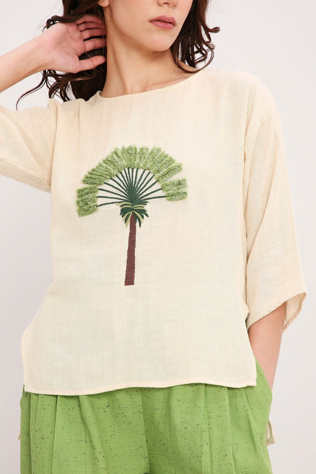 Coco Cream Embroidered Top & Pants Set (2 PCS) - Two-Piece Set - Mizyana
