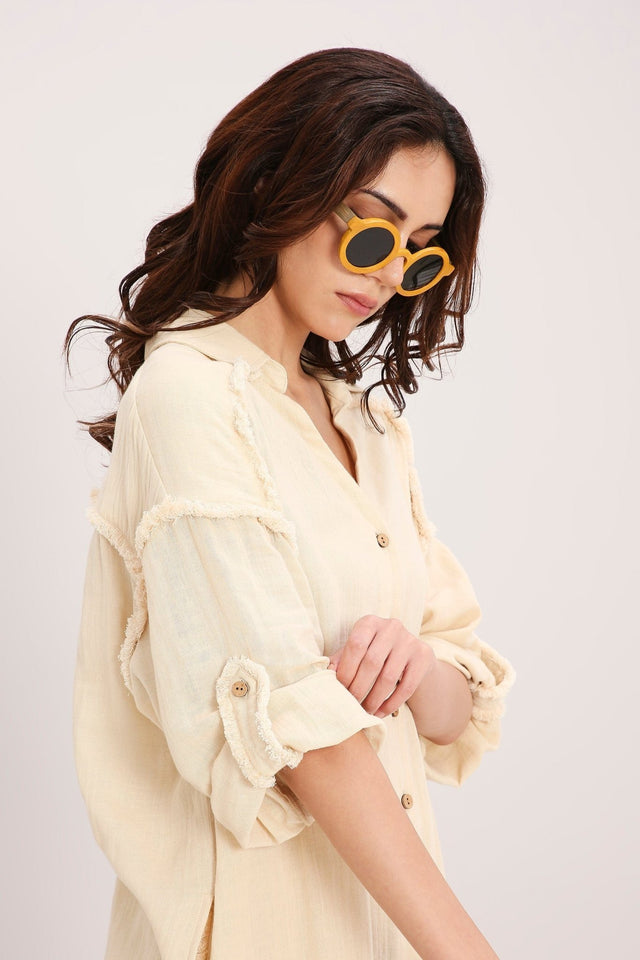 Coco Cream Fringed Shirt Co-Ord Set (2 PCS) - Two-Piece Set - Mizyana
