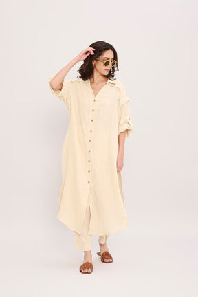 Coco Cream Fringed Shirt Co-Ord Set (2 PCS) - Two-Piece Set - Mizyana
