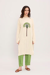 Coco Cream & Green Embroidered Set (2 PCS) - Two-Piece Set - Mizyana