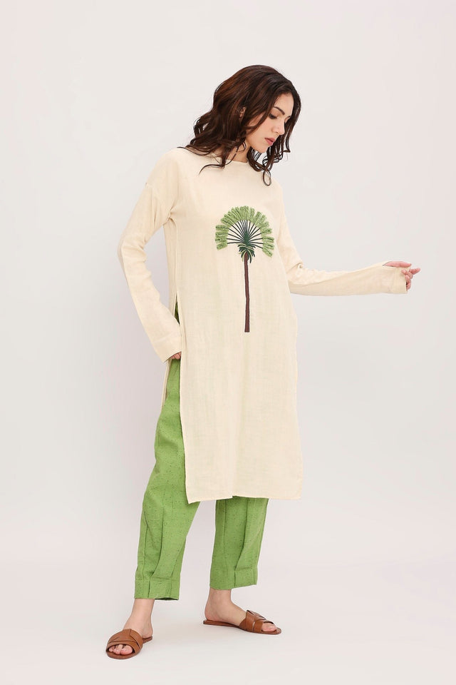 Coco Cream & Green Embroidered Set (2 PCS) - Two-Piece Set - Mizyana