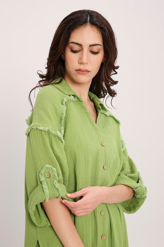 Coco Green Fringed Long Shirt - Shirt - Mizyana