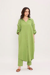 Coco Green Fringed Shirt Co-Ord Set (2 PCS) - Two-Piece Set - Mizyana