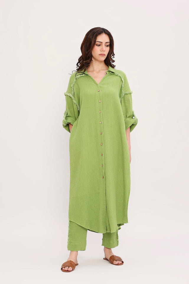 Coco Green Fringed Shirt Co-Ord Set (2 PCS) - Two-Piece Set - Mizyana
