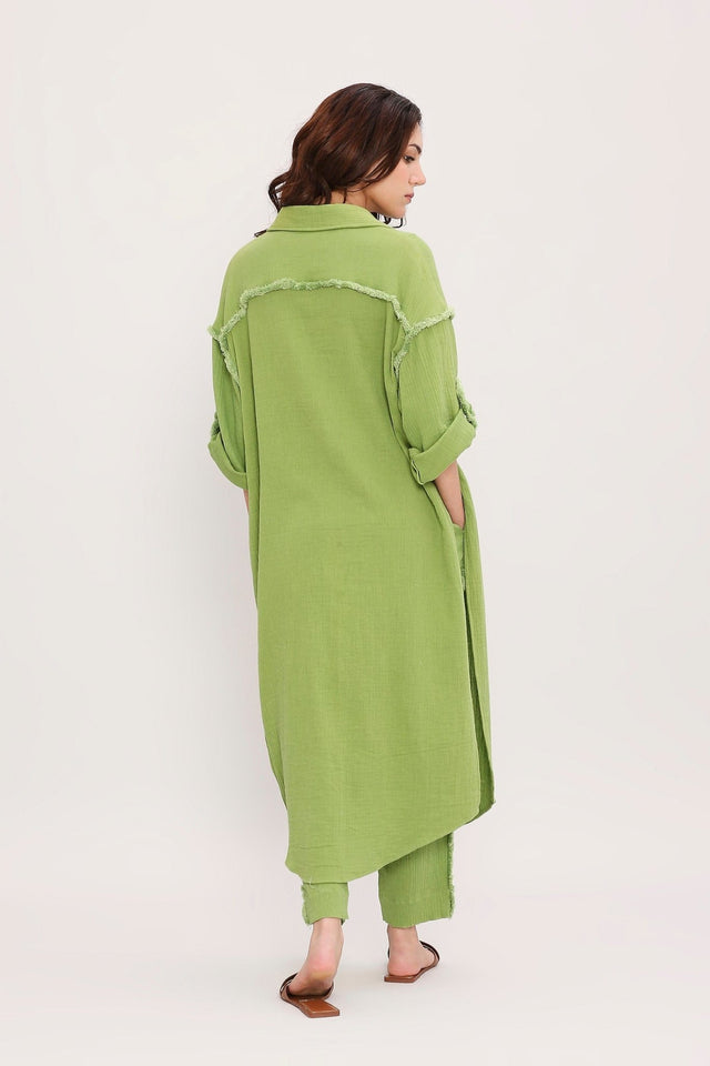 Coco Green Fringed Shirt Co-Ord Set (2 PCS) - Two-Piece Set - Mizyana