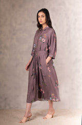 Coffee Eden Print Dress In Georgette Moss With Hand Embroidery Details - Dress - Mizyana
