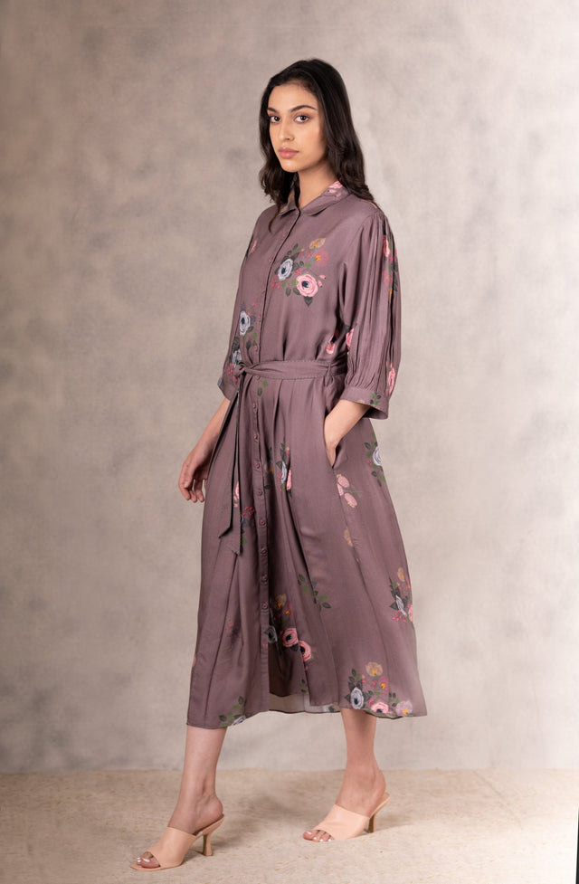 Coffee Eden Print Dress In Georgette Moss With Hand Embroidery Details - Dress - Mizyana