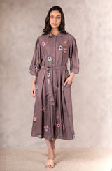 Coffee Eden Print Dress In Georgette Moss With Hand Embroidery Details - Dress - Mizyana