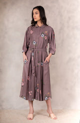 Coffee Eden Print Dress In Georgette Moss With Hand Embroidery Details - Dress - Mizyana