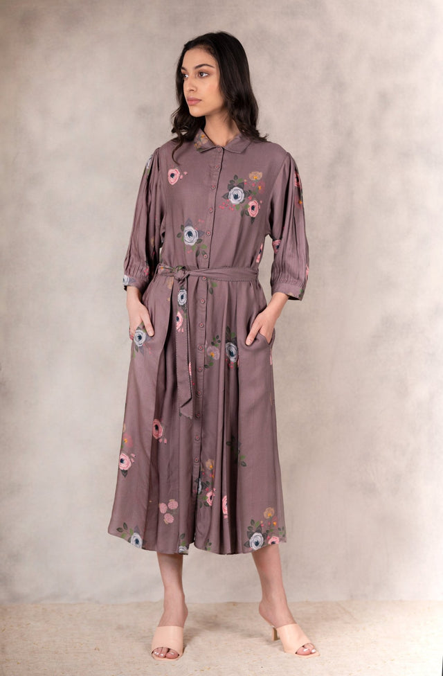 Coffee Eden Print Dress In Georgette Moss With Hand Embroidery Details - Dress - Mizyana