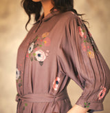 Coffee Eden Print Dress In Georgette Moss With Hand Embroidery Details - Dress - Mizyana