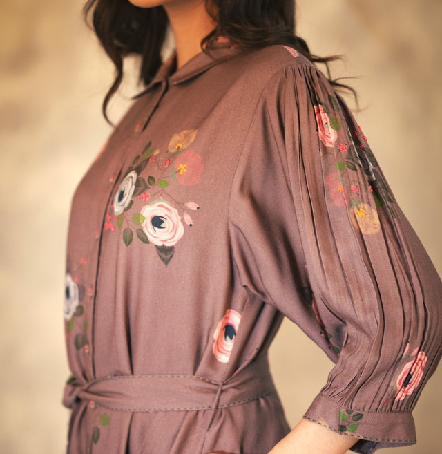 Coffee Eden Print Dress In Georgette Moss With Hand Embroidery Details - Dress - Mizyana