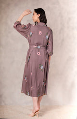 Coffee Eden Print Dress In Georgette Moss With Hand Embroidery Details - Dress - Mizyana