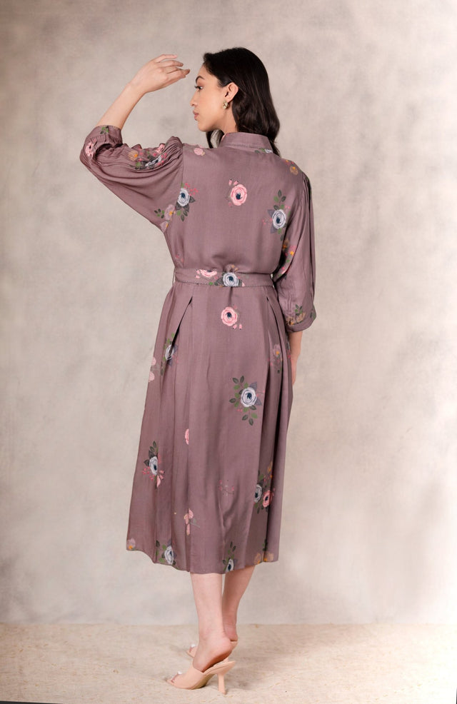 Coffee Eden Print Dress In Georgette Moss With Hand Embroidery Details - Dress - Mizyana