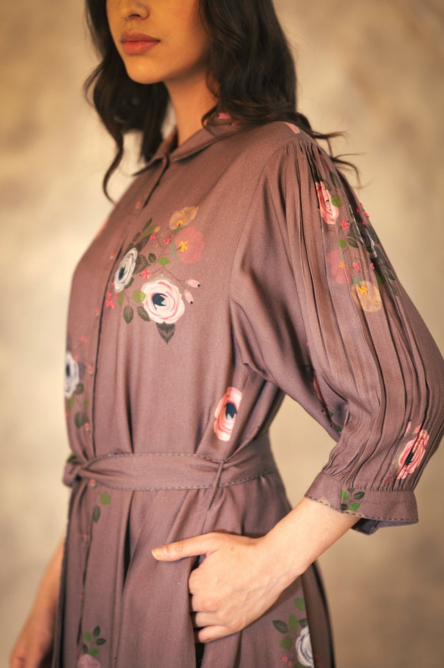 Coffee Eden Print Dress In Georgette Moss With Hand Embroidery Details - Dress - Mizyana