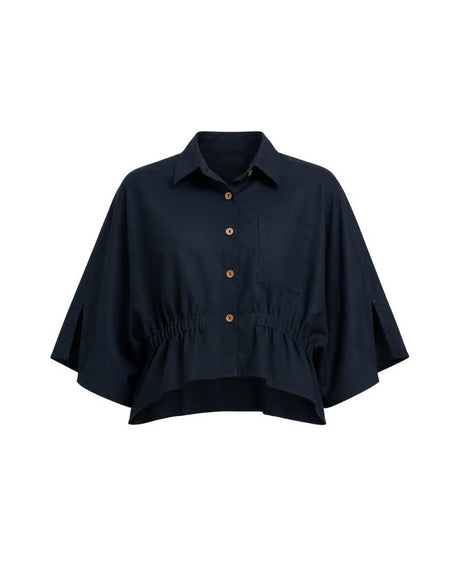 Collar Cotton Crop Top by MATI in navy with button placket, gathered waist and wide sleeves, flat front view
