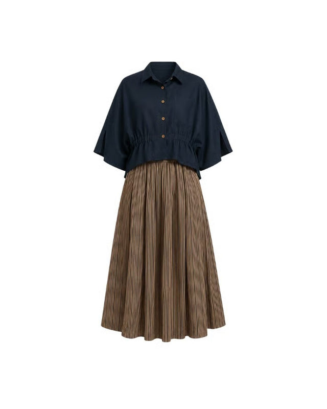 Collar Pleated Cotton 2-Piece Set - Two-Piece Set - Mizyana