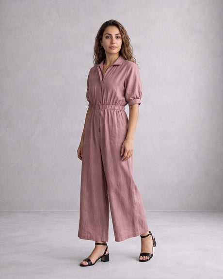 Model wearing the dusty rose Collar Sphara Cotton Jumpsuit, full length front view