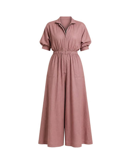 Collar Sphara Cotton Jumpsuit in dusty rose with shirt collar and wide legs, flat front view