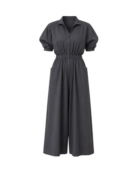 Collar Sphara Cotton Jumpsuit by MATI in charcoal with shirt collar, puff sleeves and elastic waist, flat