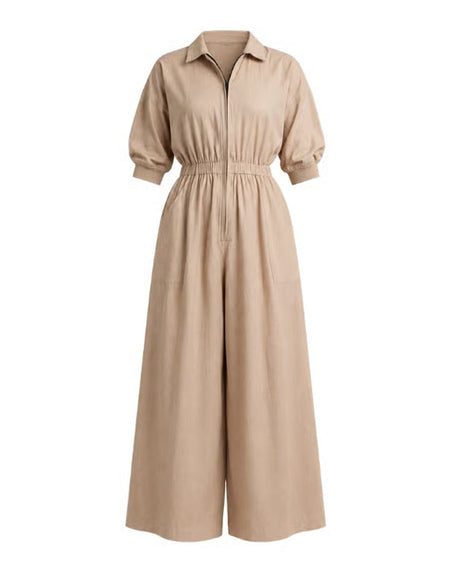 Collar Sphara Cotton Jumpsuit in beige with shirt collar and wide legs, flat front view