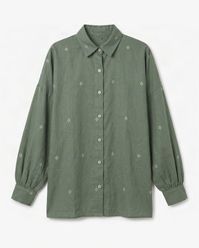 Core Green Jamdani Oversized Handwoven Cotton Shirt with Collar - Shirt - Mizyana