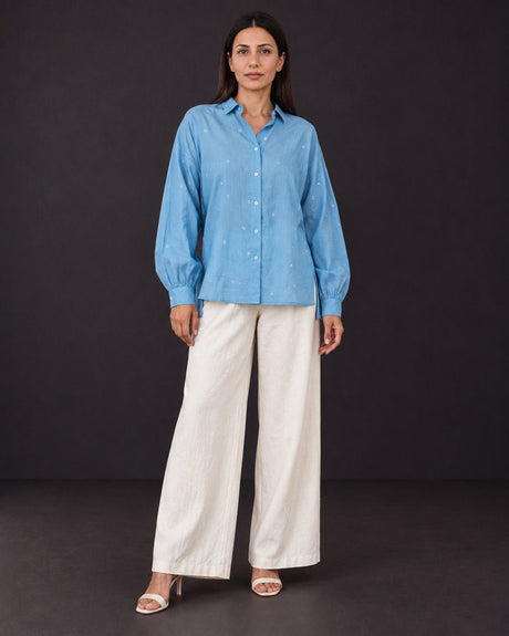 Core Light Indigo Cotton Shirt and Linen Pants Two-Piece Set - Two-Piece Set - Mizyana
